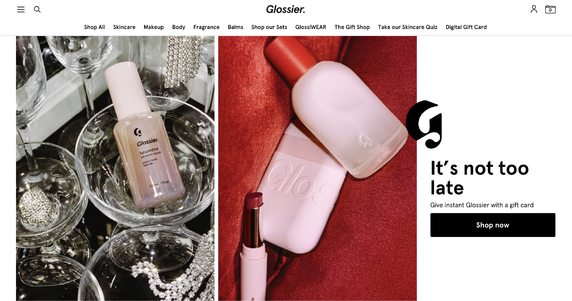Glossier website screenshot showing a logo symbol and a wordmark logo