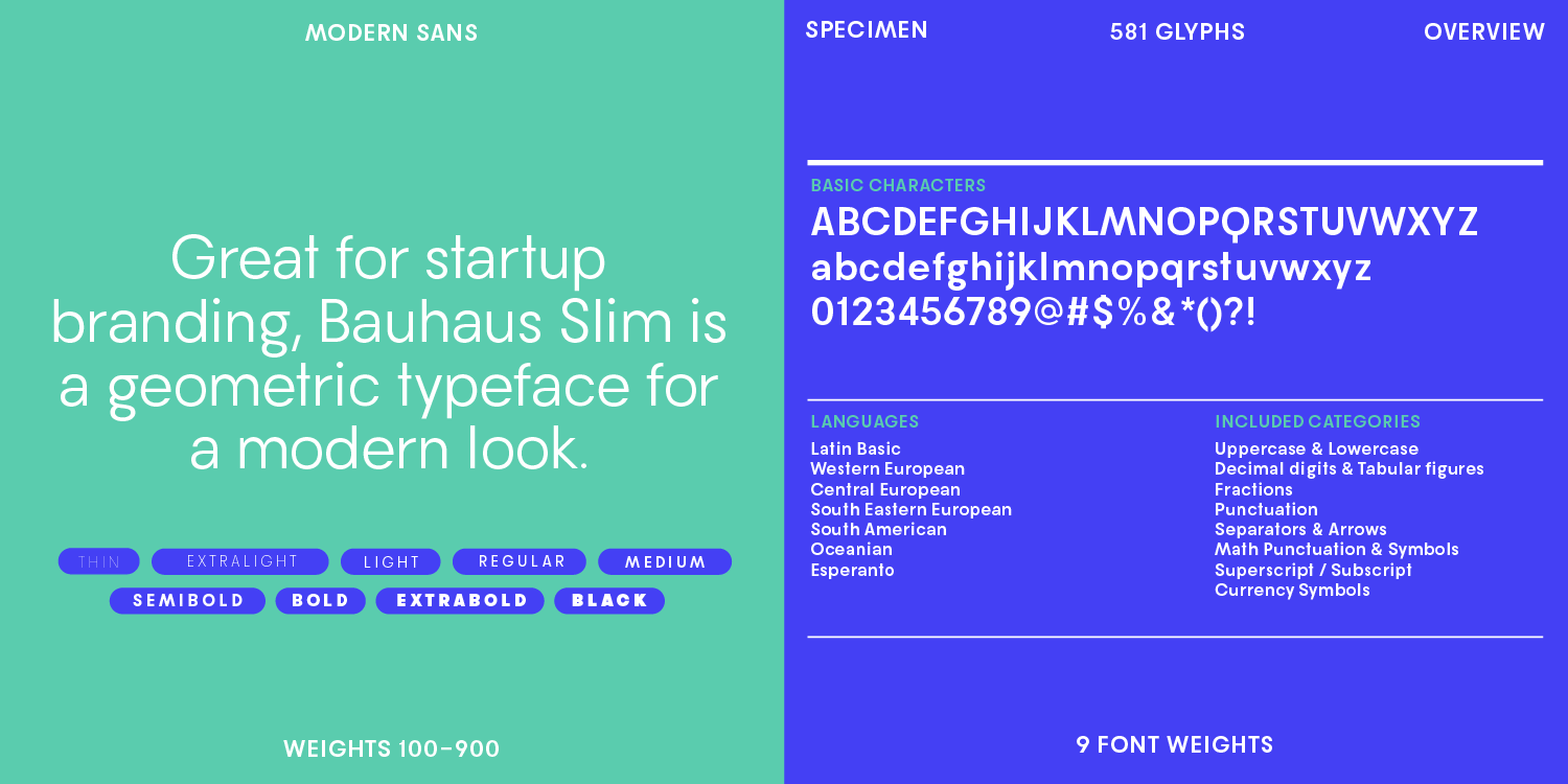 Overview of Bauhaus Slim typeface